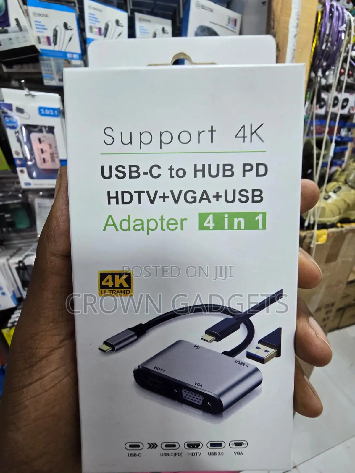 4-in-1 USB-C to HDMI, VGA, USB 3.0, and PD Charging Hub.
