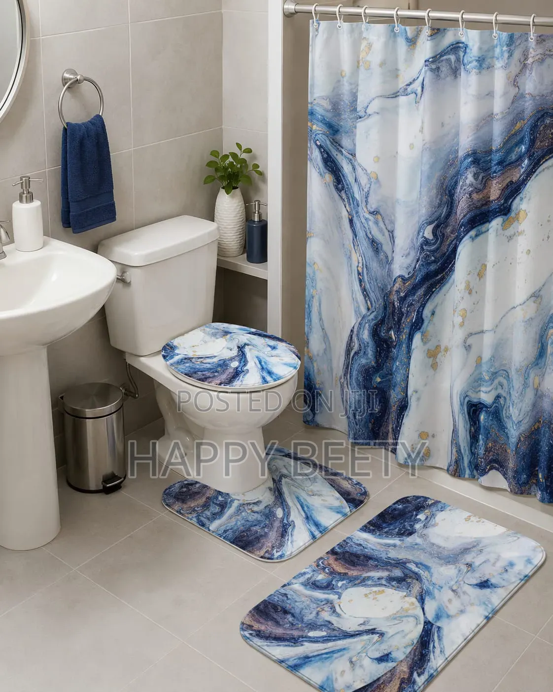 Shower Curtain Sets , With ;Non-Slip Mat,Toilet Lid Cover and Bath Mat