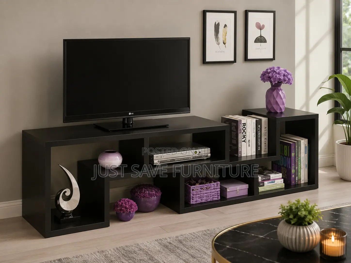 Modern 6FT Black TV Stand With Open Shelves