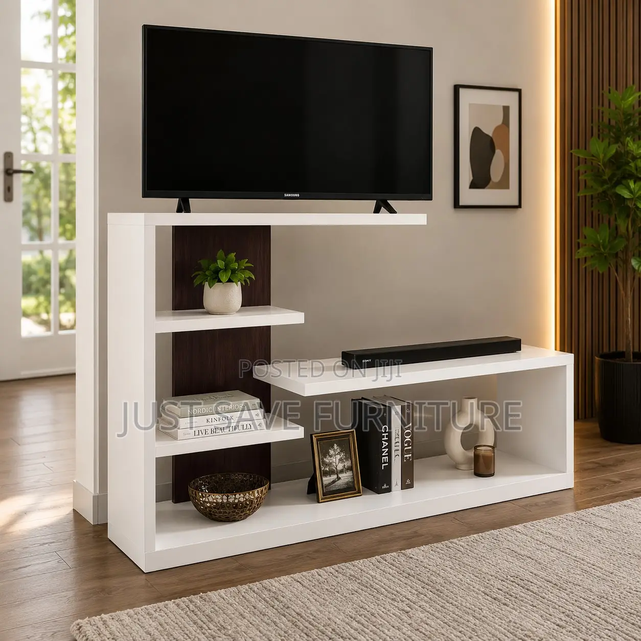 Modern L-Shape TV Stand – White Wooden Entertainment Unit