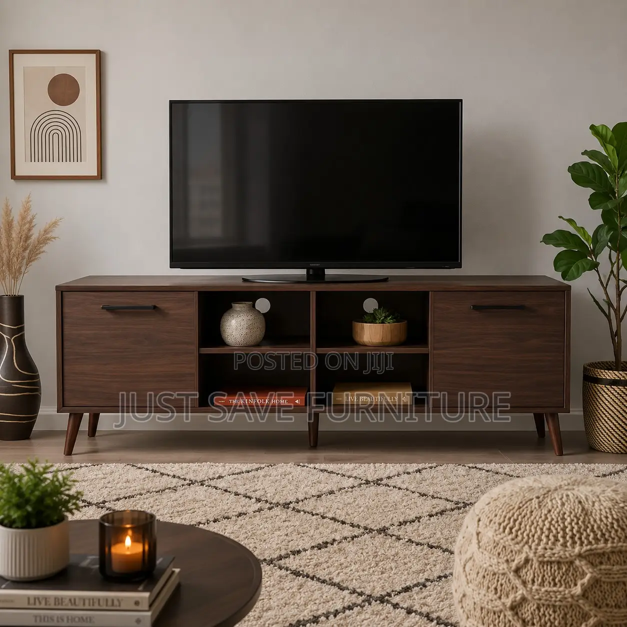 Modern 4FT Walnut Wooden TV Stand With Storage Cabinets