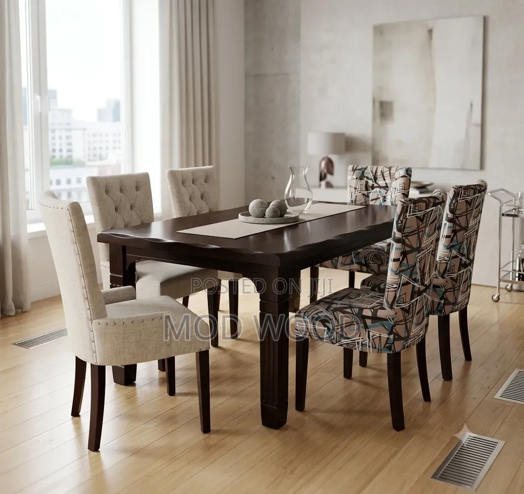 Modern Six-Seater Wooden Dining Set With Tufted Seats