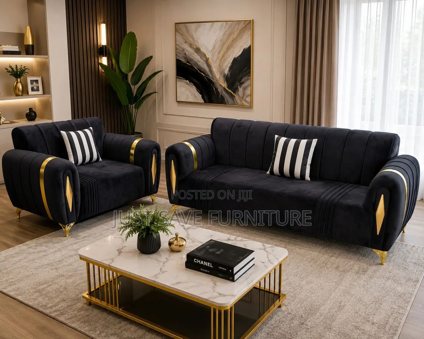 Luxury Black Velvet Sofa Set (3+2 Seater)