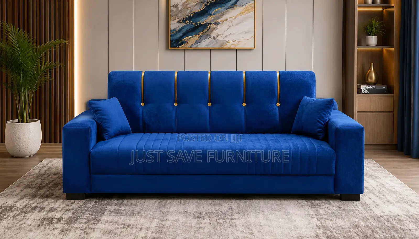 Royal Blue Velvet 3-Seater Sofa