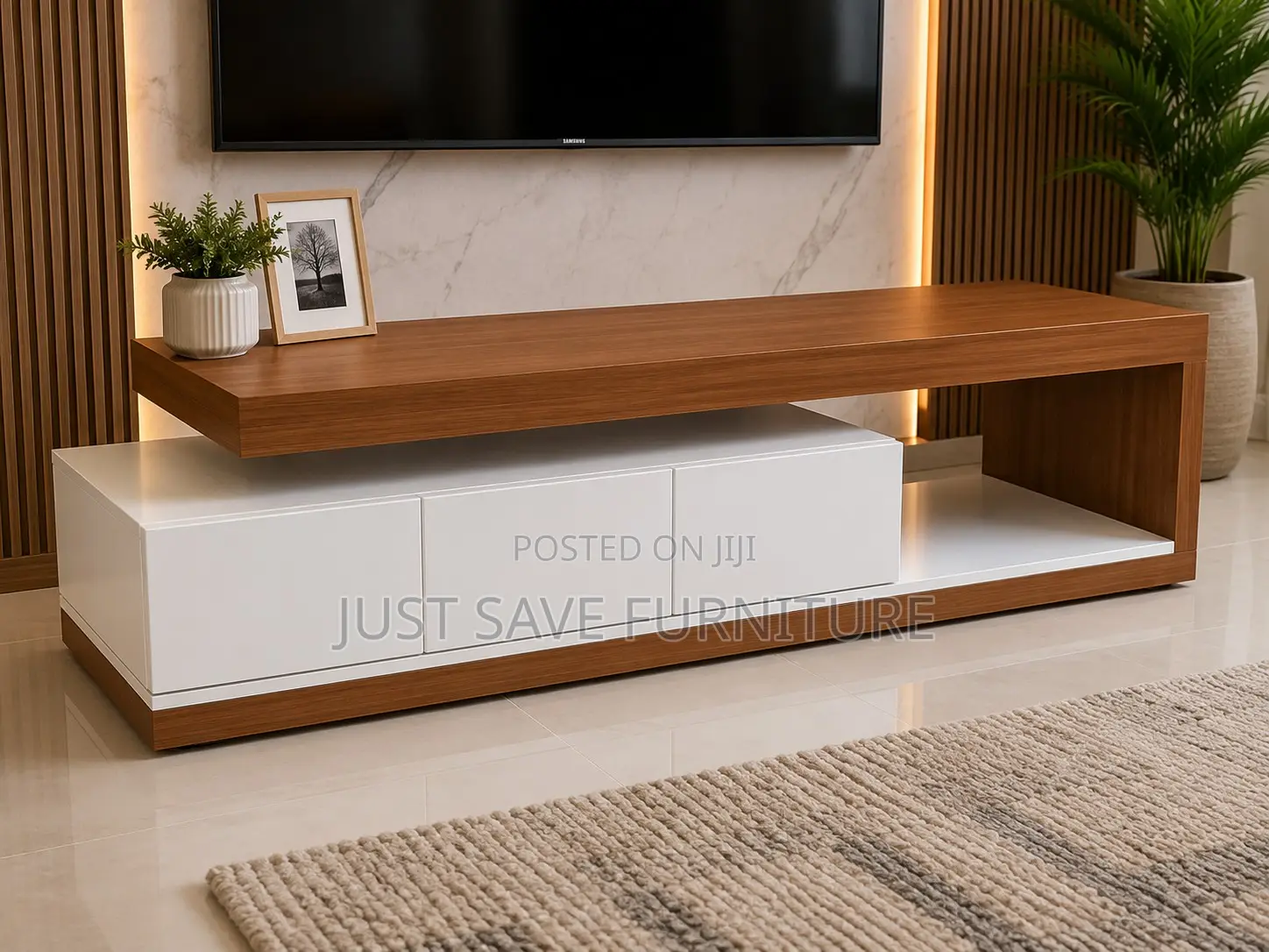 Modern Wooden TV Stand Cabinet – White Walnut Entertainment Unit