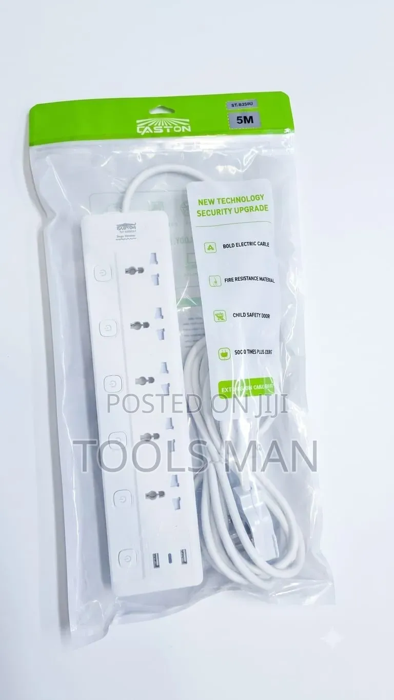 Caston 5 Way Extension Socket With 2 USB Ports - 5 Meters Heavy Duty.