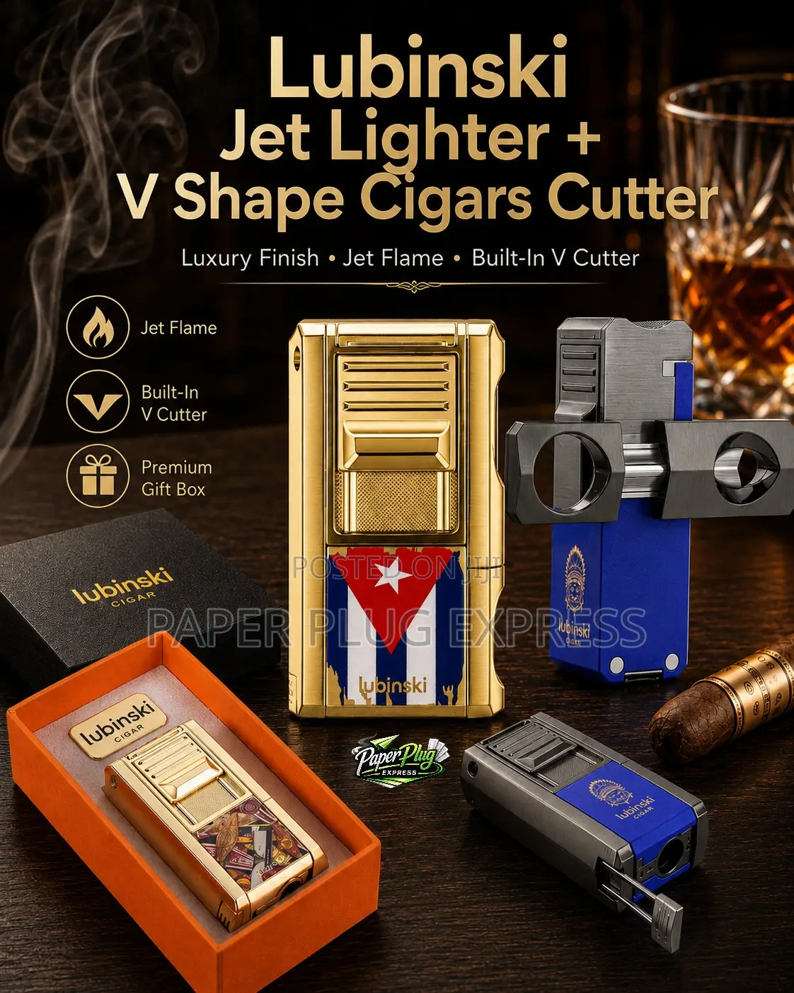 Lubinski Jet Lighter + v Shape Cigars Cutter