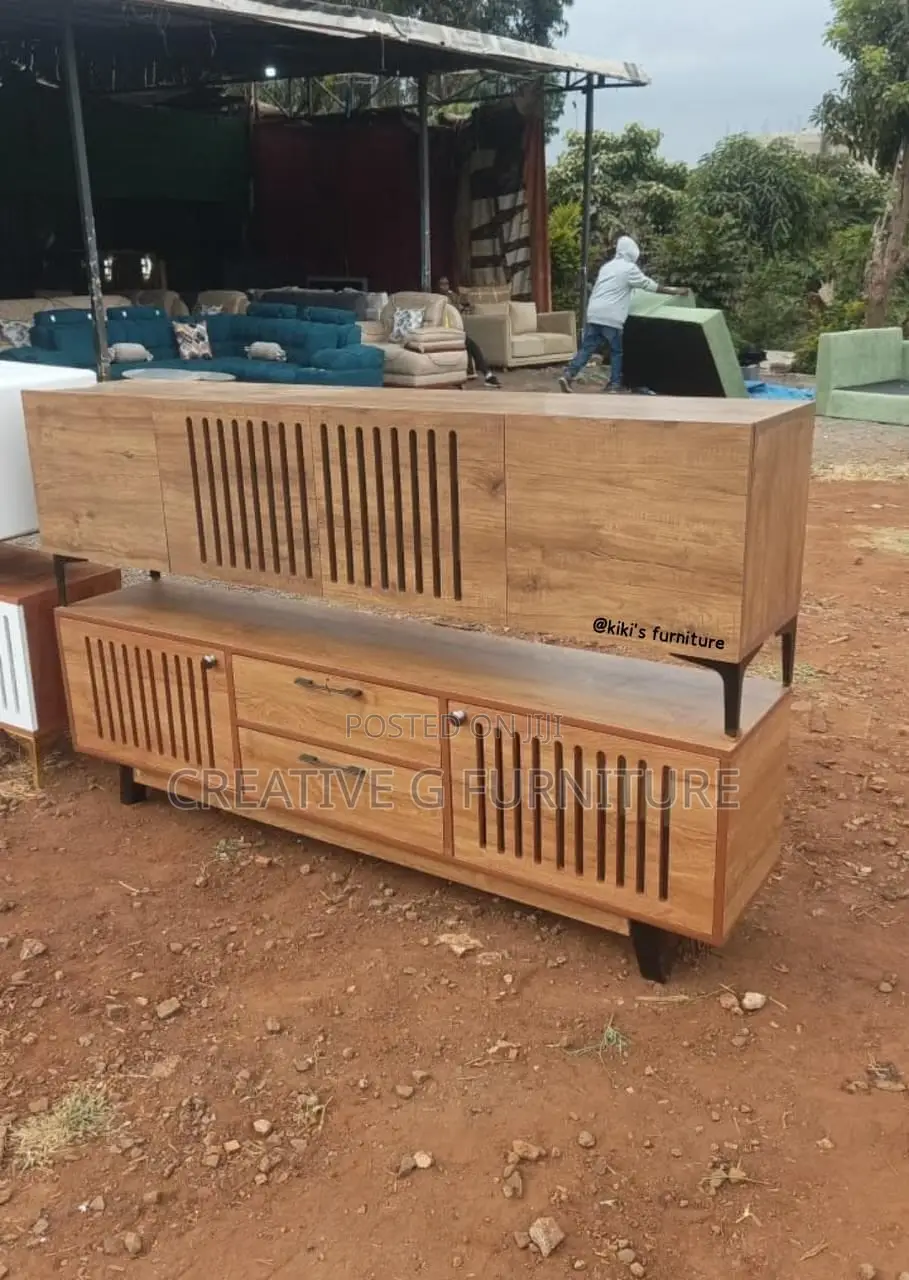Modern Wooden TV Stand With Slatted Design