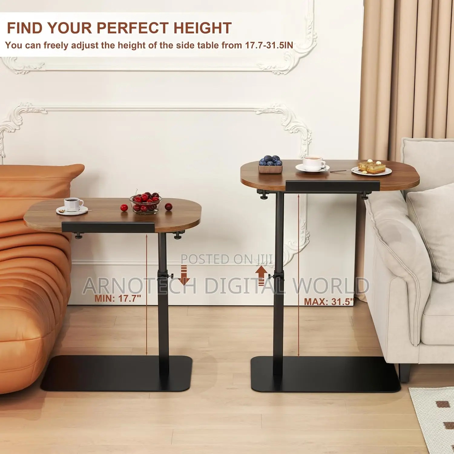Adjustable Height C Shaped Side Table, 360°Swivel Flip Top