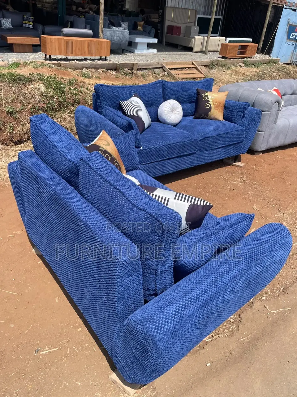 5 Seater Butterfly Sofa Set Blue Bubble Fabric 3,2