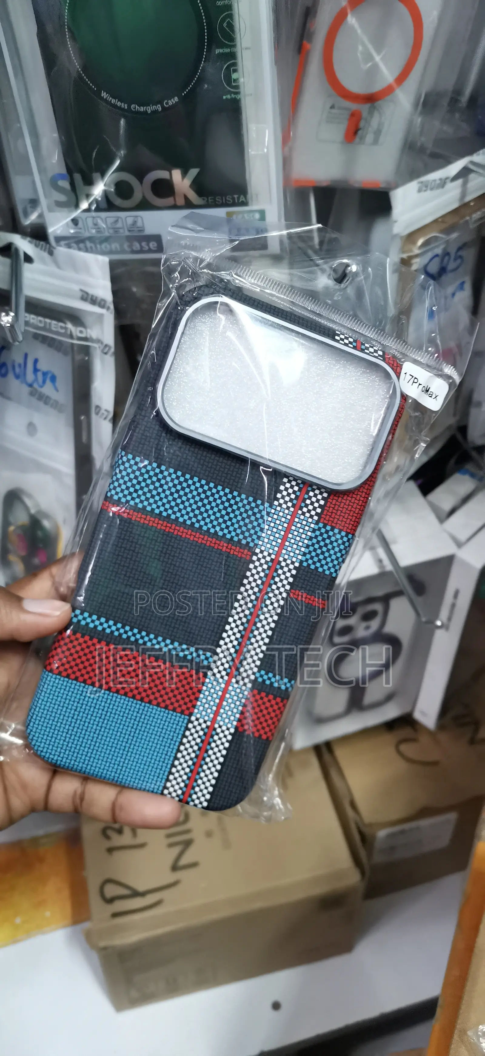 iPh17 Pro Max, Multi-Textured Blue, Red, and Black Tartan Pattern Cas.