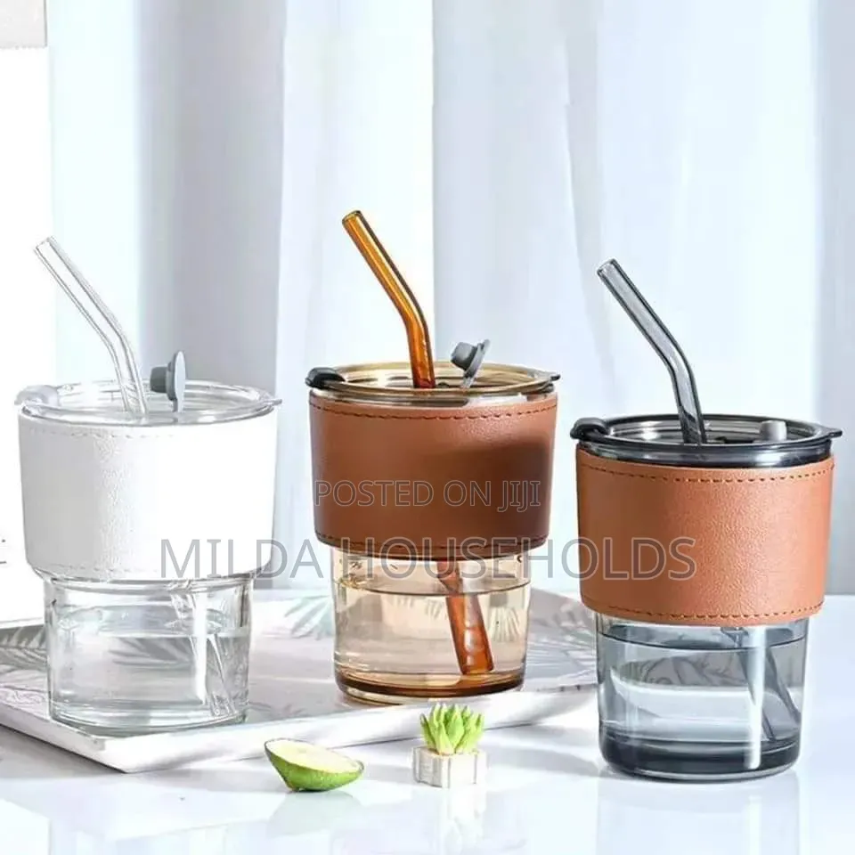 Gorgous Slub Glass Smoothie Cup With STRAW and Leather Cover