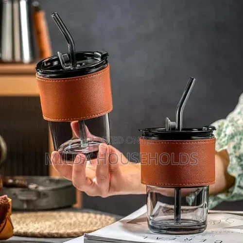Gorgous Slub Glass Smoothie Cup With STRAW and Leather Cover