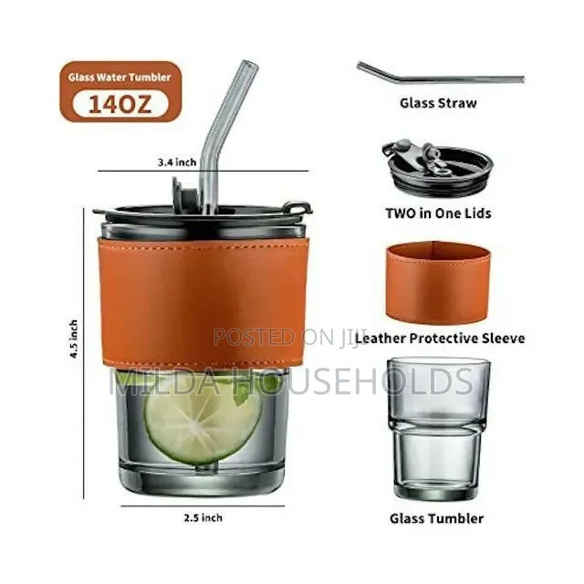 Gorgous Slub Glass Smoothie Cup With STRAW and Leather Cover