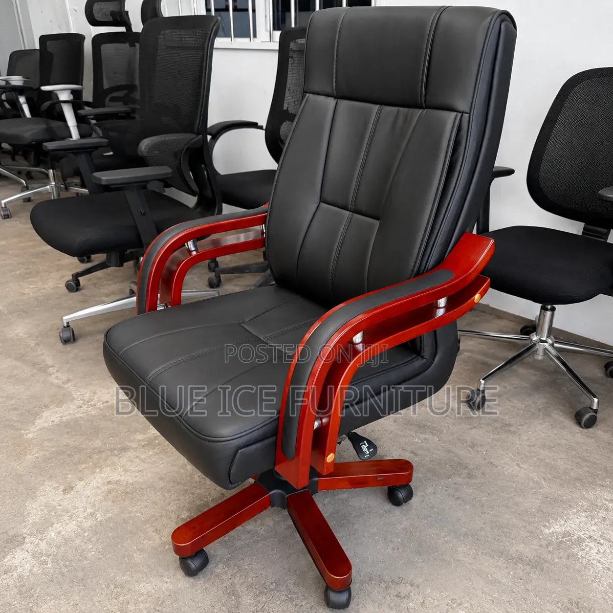 High Back Manager Black Leather Office Chair With Wooden Brown Starbas
