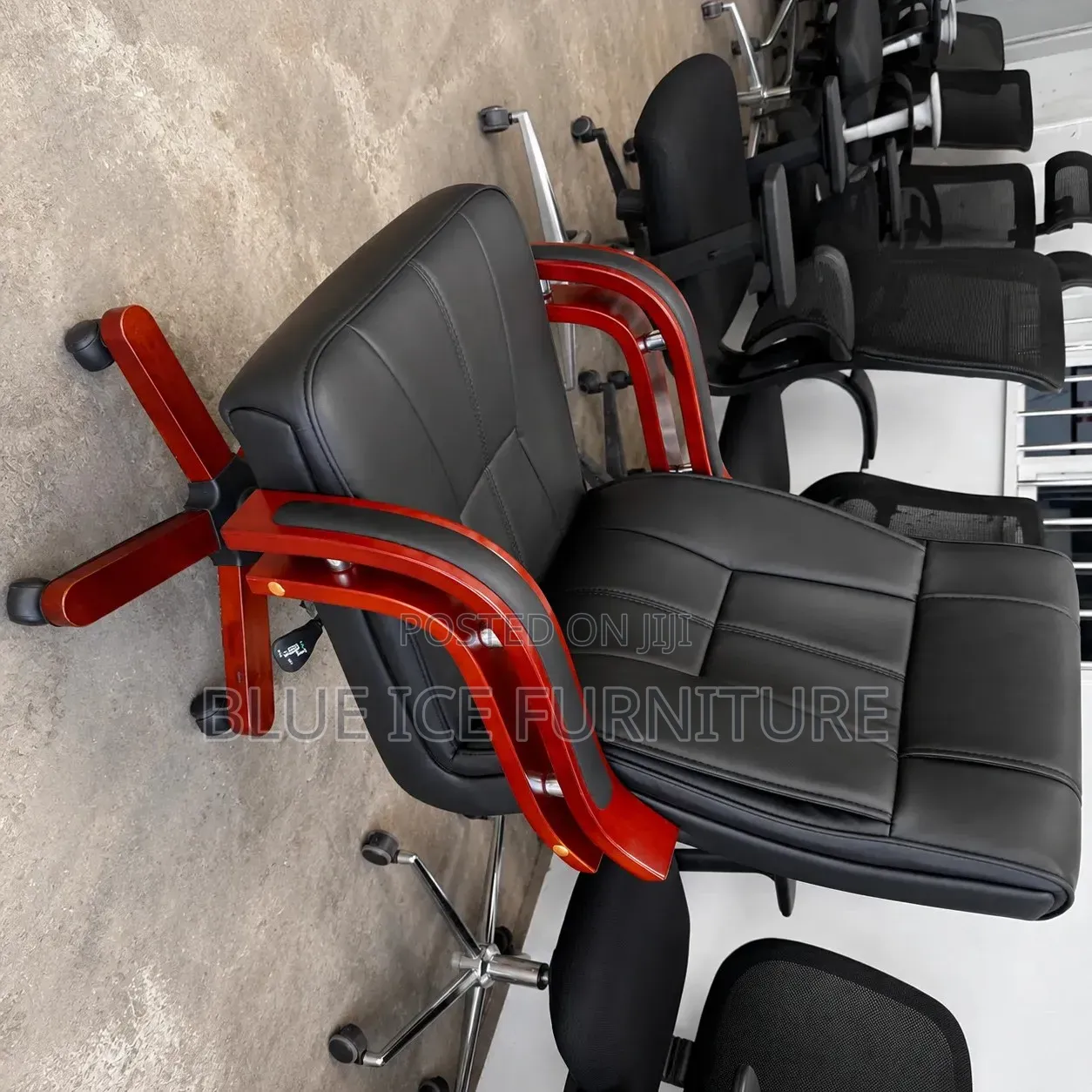 High Back Manager Black Leather Office Chair With Wooden Brown Starbas