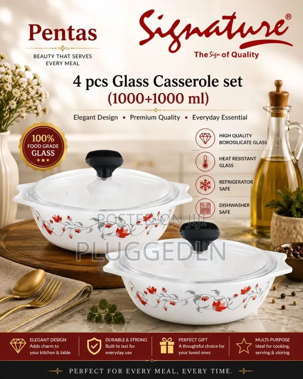4 PCS Glass Casserole Set With Plastic 5 Sets Per Box