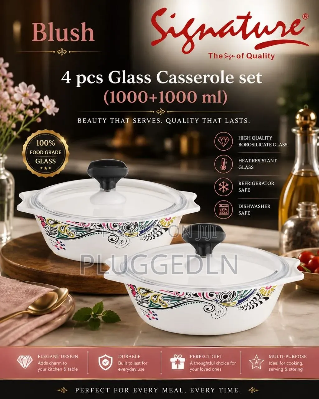 4 PCS Glass Casserole Set With Plastic 5 Sets Per Box