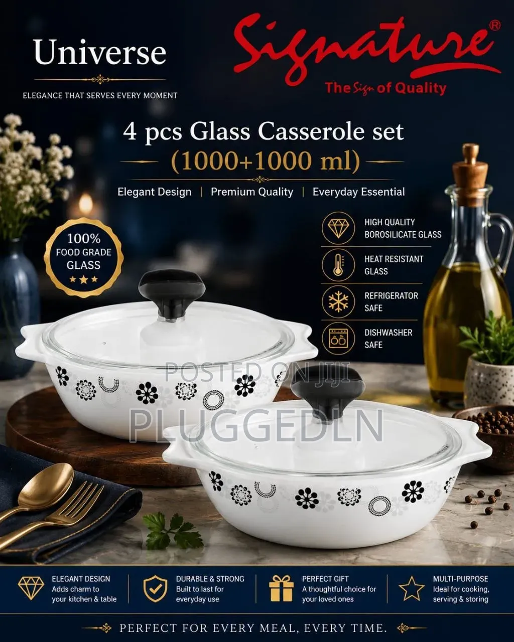4 PCS Glass Casserole Set With Plastic 5 Sets Per Box
