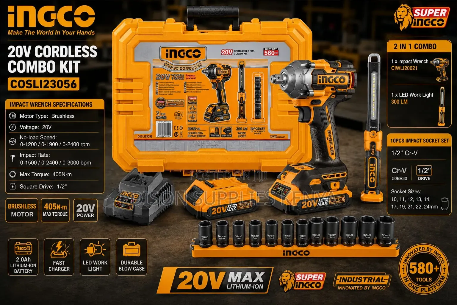 Cordless Impact Wrench 405Nm Work Lamp Ingco 20V Combo Kit COSLI23056