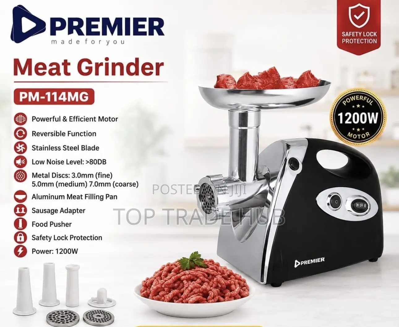 Premier PM-114MG Electric Meat Grinder/Mincer 1200W With Metal Discs
