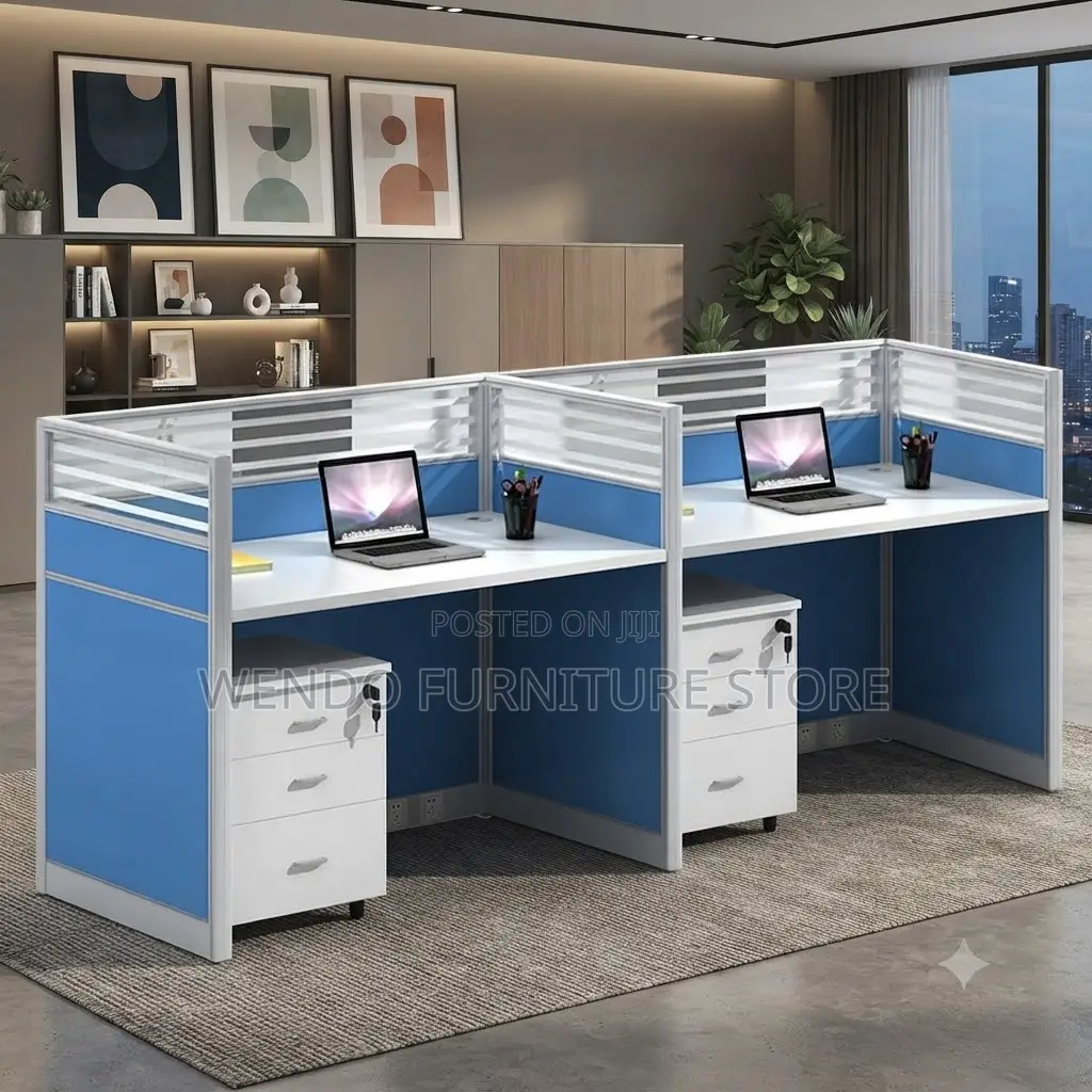 Office Workstation; Two Users Brown- Blue Straight Office Workstation