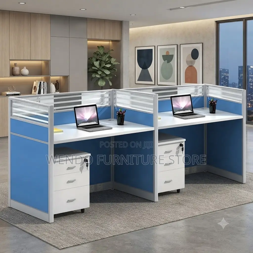 Office Workstation; Two Users Brown- Blue Straight Office Workstation