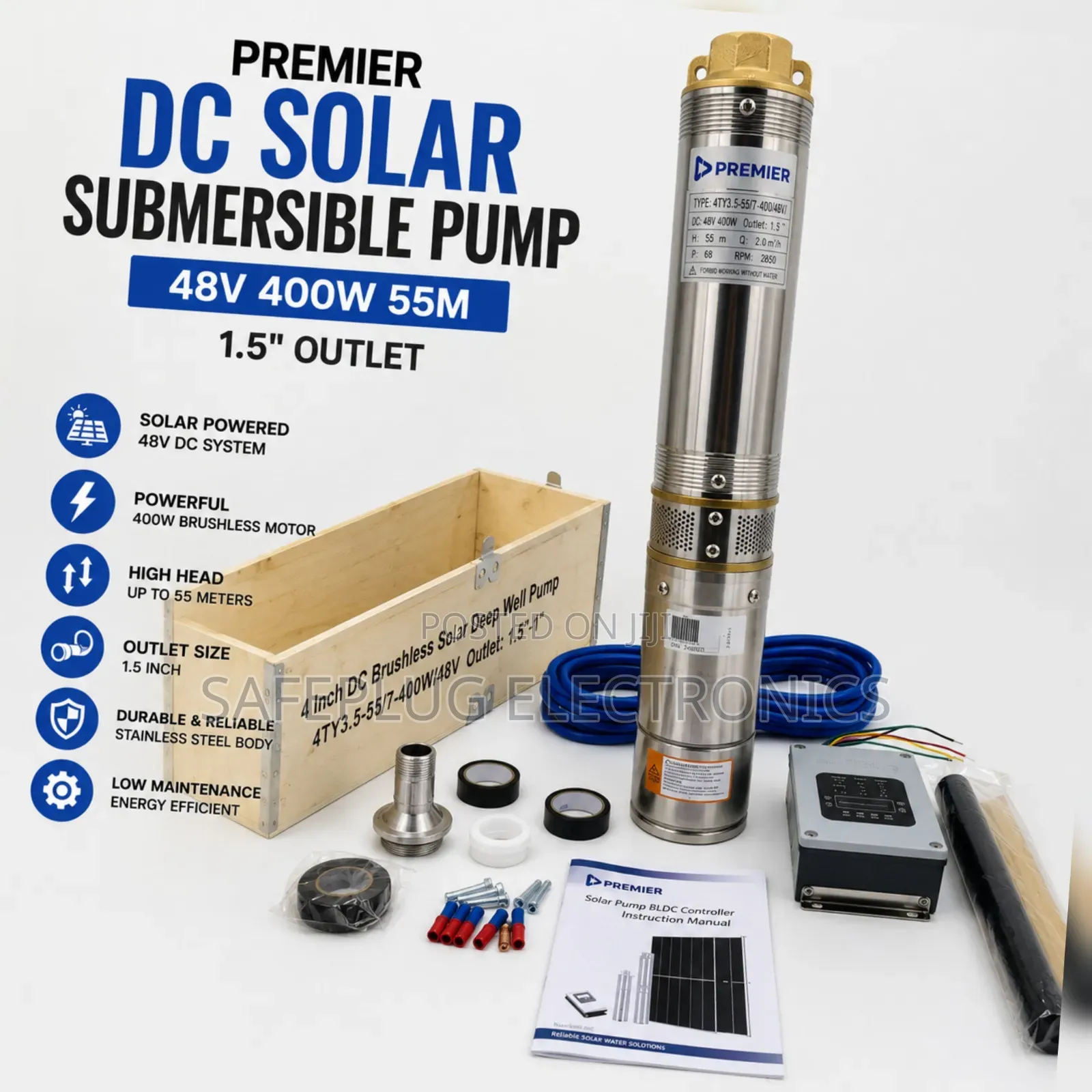 Premier Brushless Solar Water Pump – 1.5" Outlet | 400W Deep Well Pump