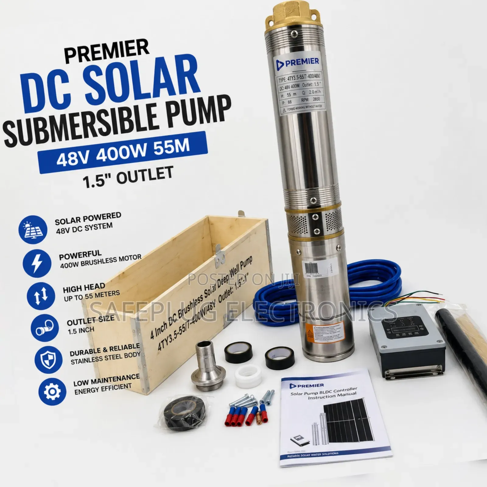 Premier Brushless Solar Water Pump – 1.5" Outlet | 400W Deep Well Pump