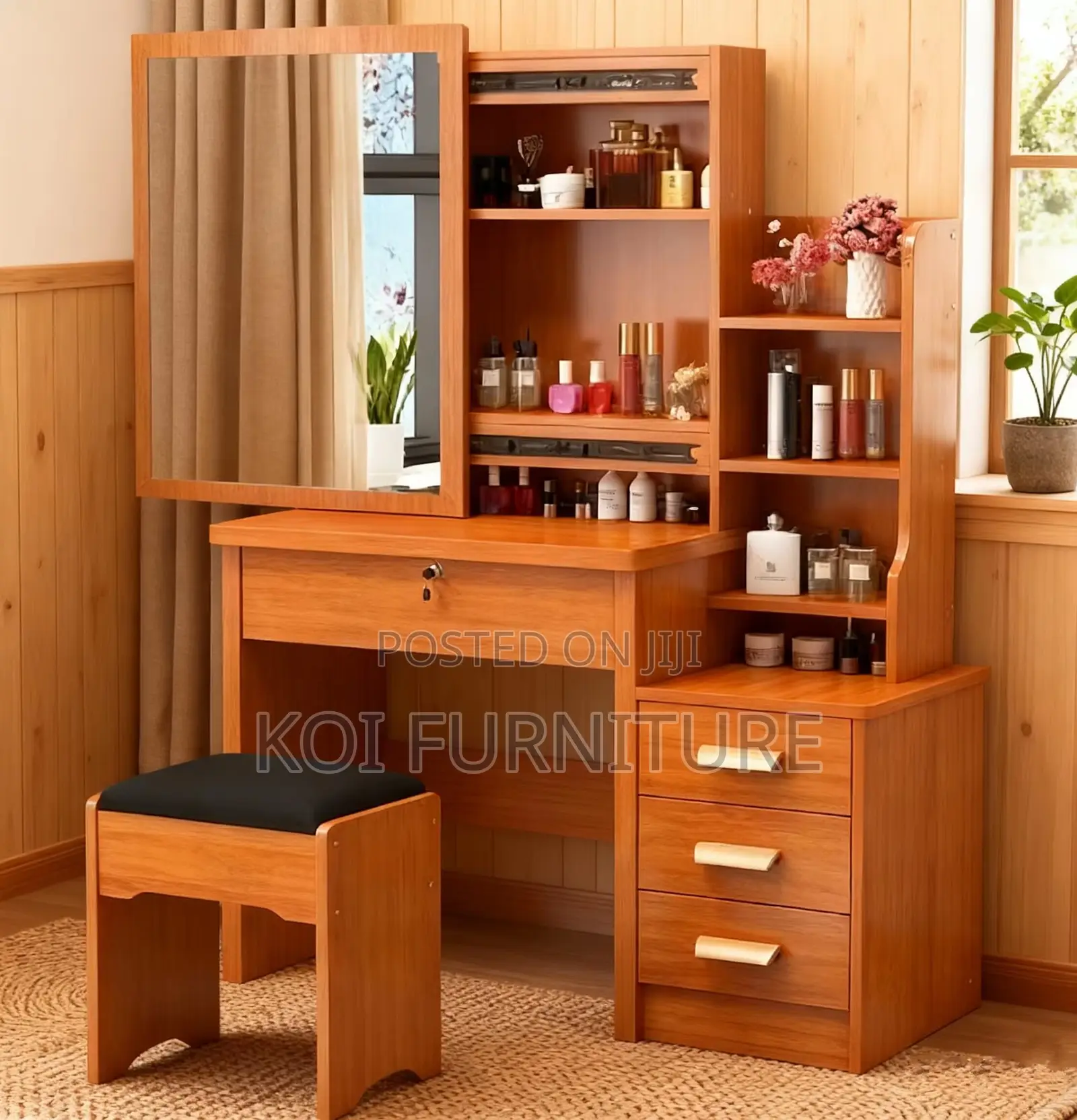 Dressers; Brown Dressing Vanity Set With Slidining Mirror Table