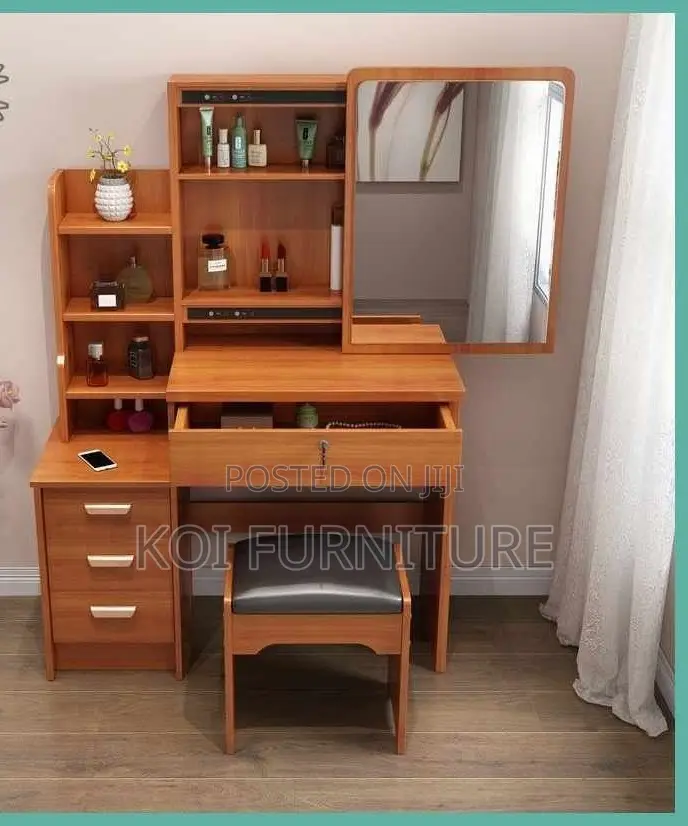 Dressers; Brown Dressing Vanity Set With Slidining Mirror Table