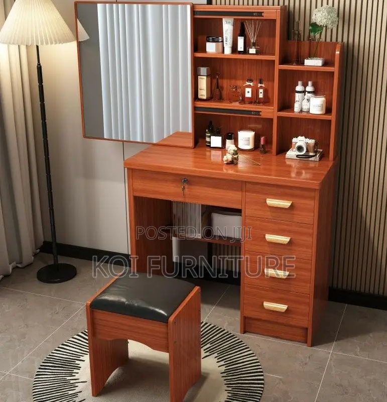Dressers; Brown Dressing Vanity Set With Slidining Mirror Table