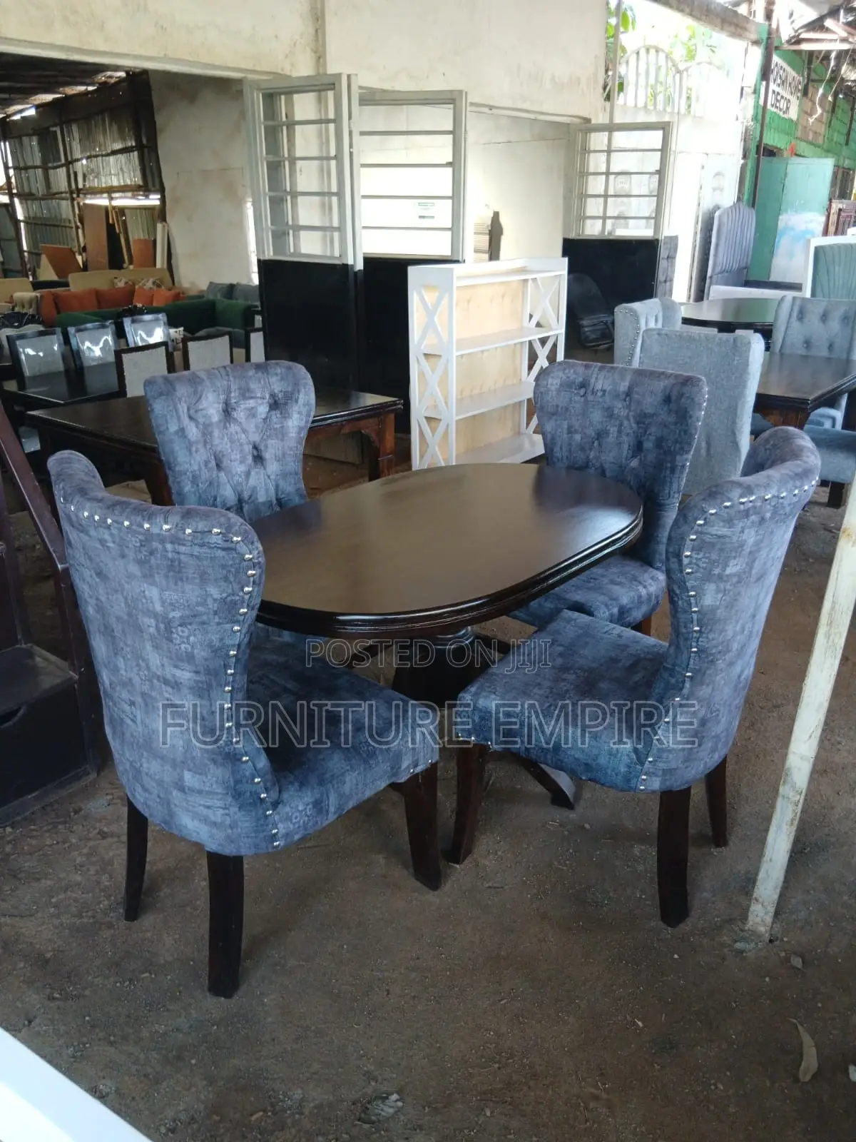 4 Seater Oval Dining Set Dark Wood Gray Upholstery