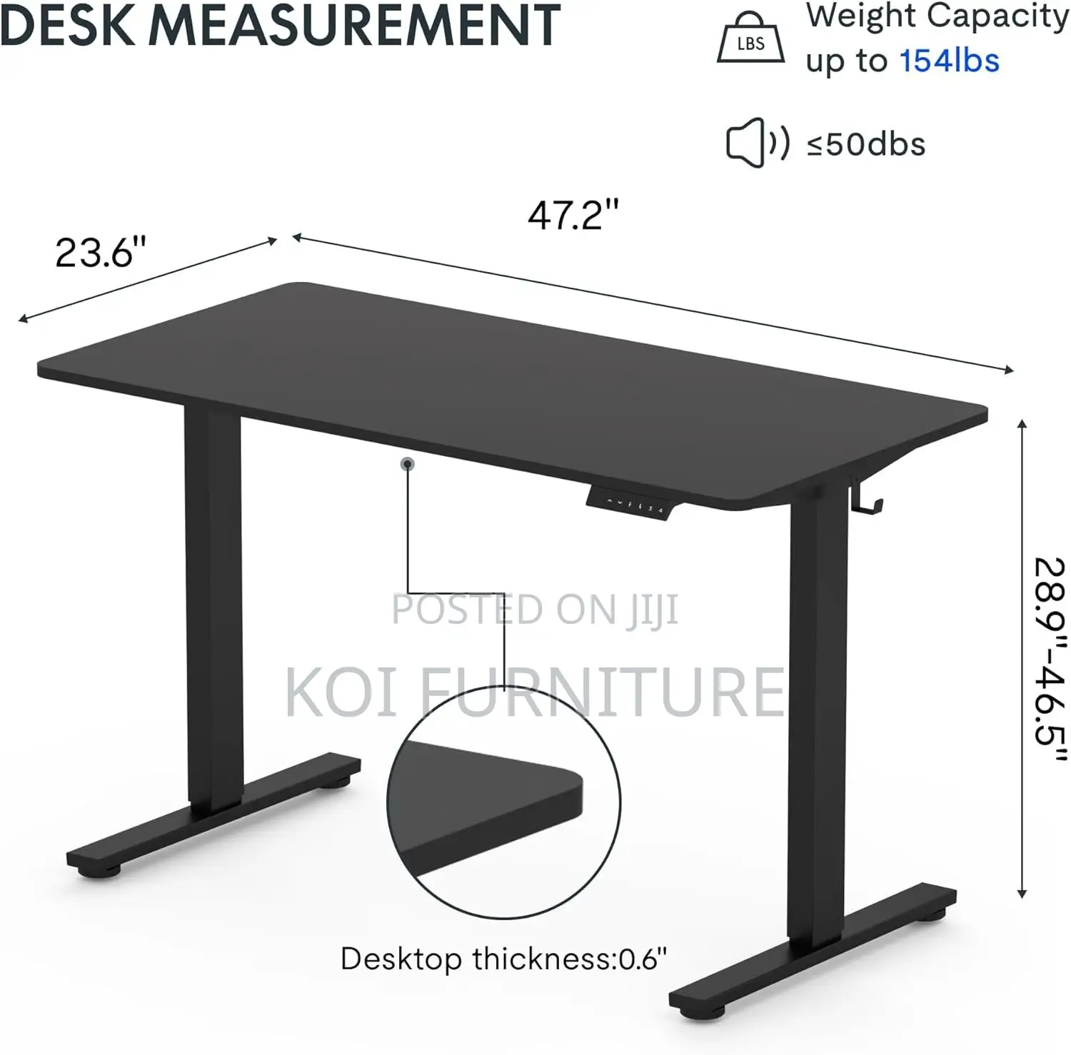 Office Desk; 1.2 Meters Adjustable Black Height Standing PC Desk