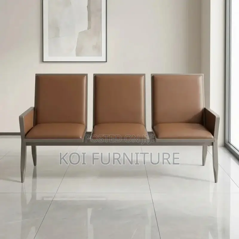 Office Sofa; Leather Cushioned Three Seaters Brown Office Bench