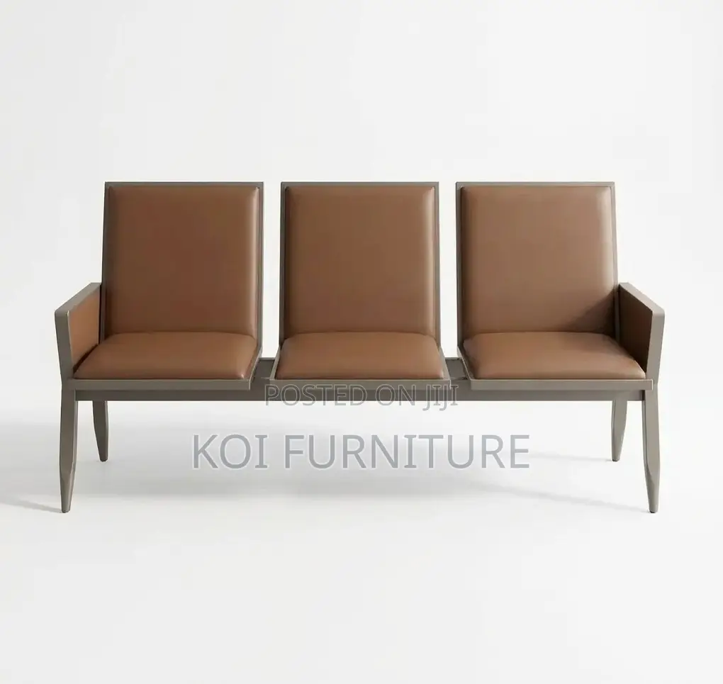 Office Sofa; Leather Cushioned Three Seaters Brown Office Bench