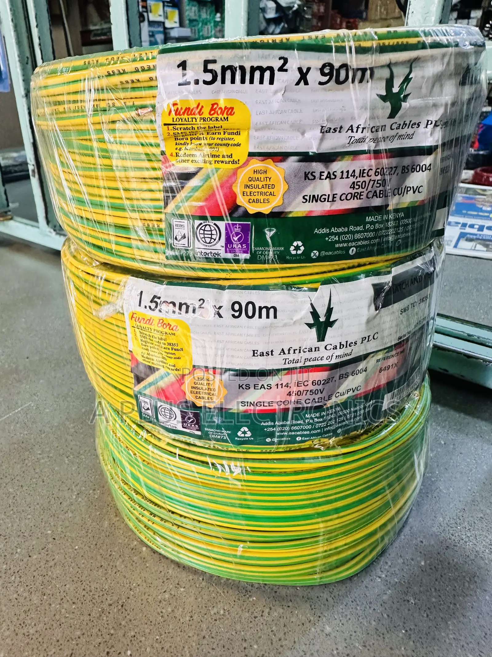 East Africa Cable 1.5mm Single Green Yellow 90m Commercial Wire