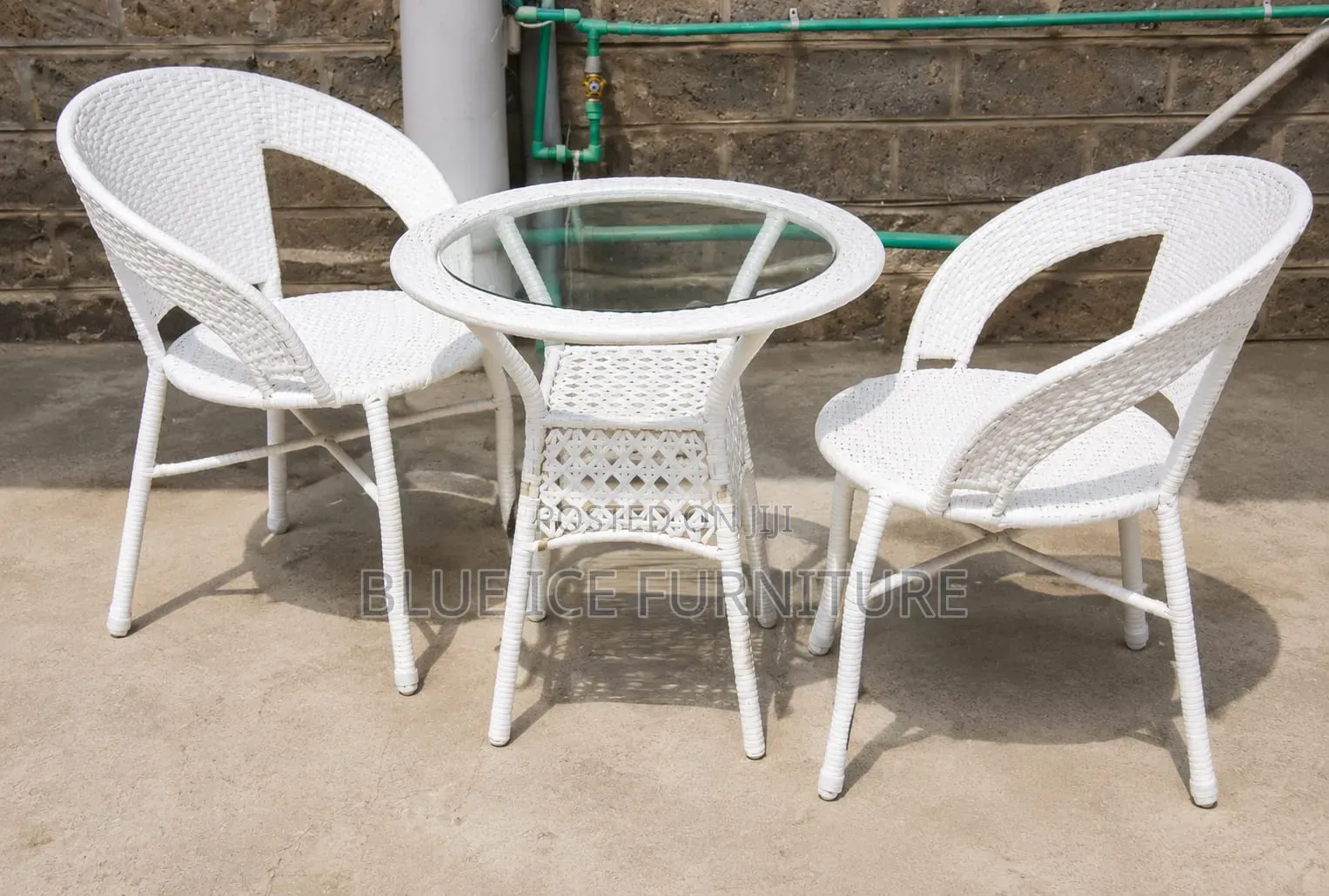 White Rattan Bistro Set-2 Chair and Round Glass Table