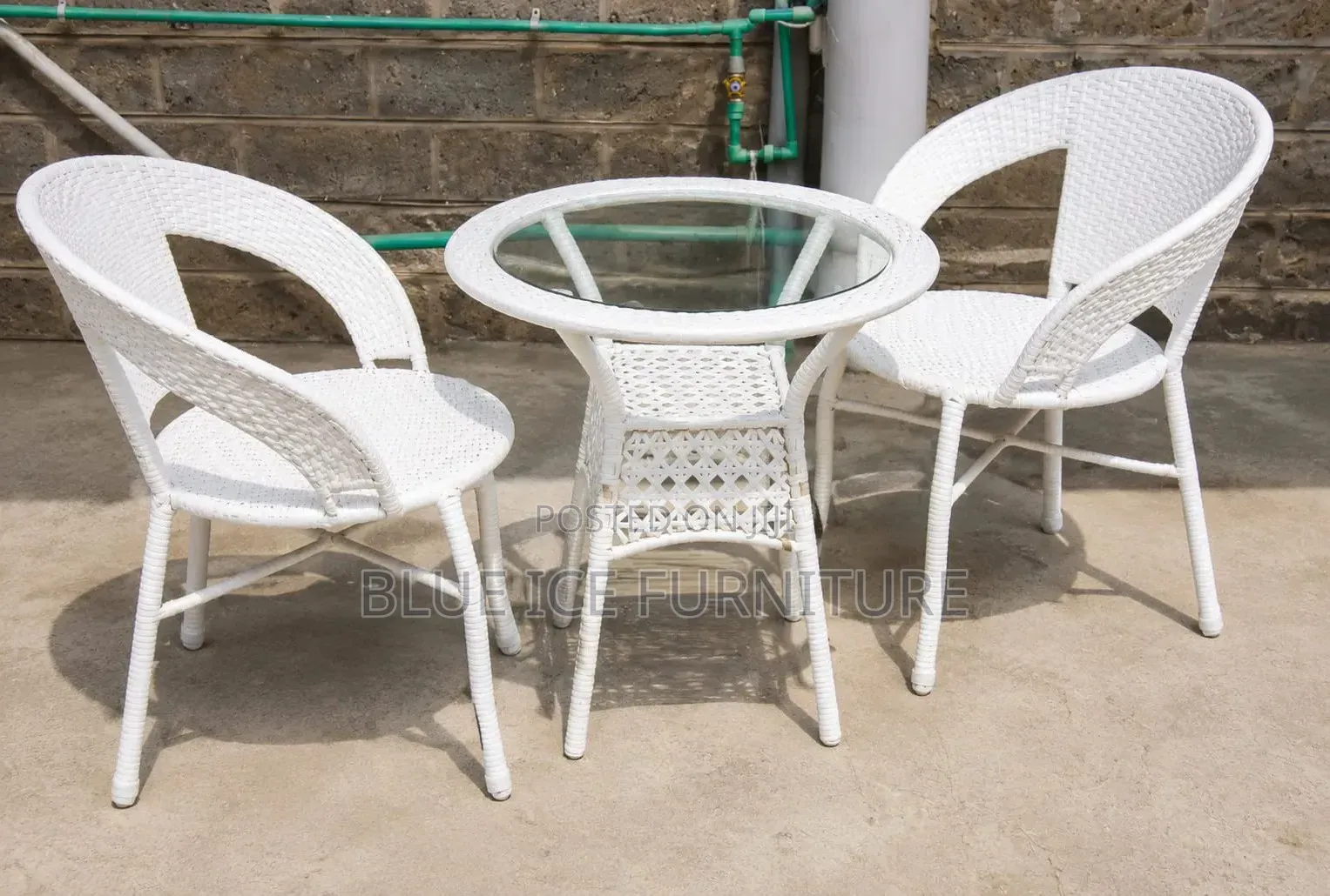 White Rattan Bistro Set-2 Chair and Round Glass Table
