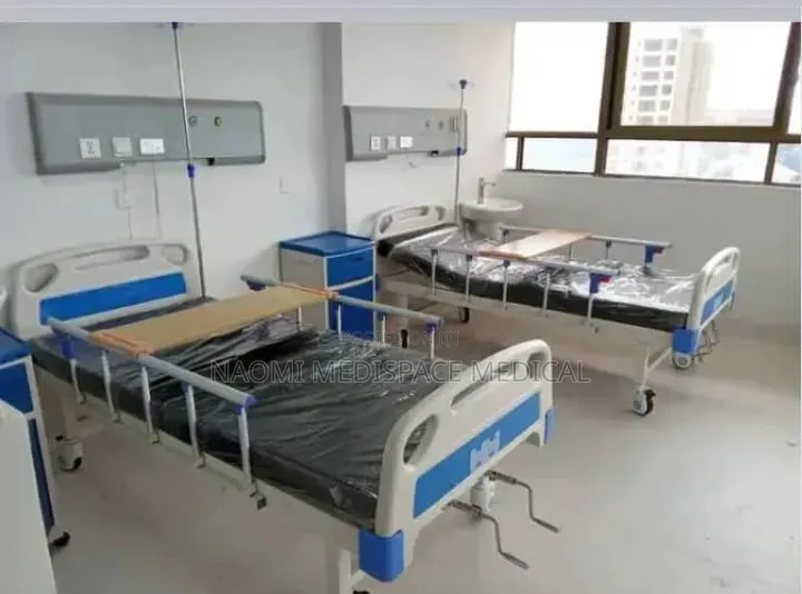 2 Crank Hospital Bed Complete With Matress, Feeding Table, Drip Stand