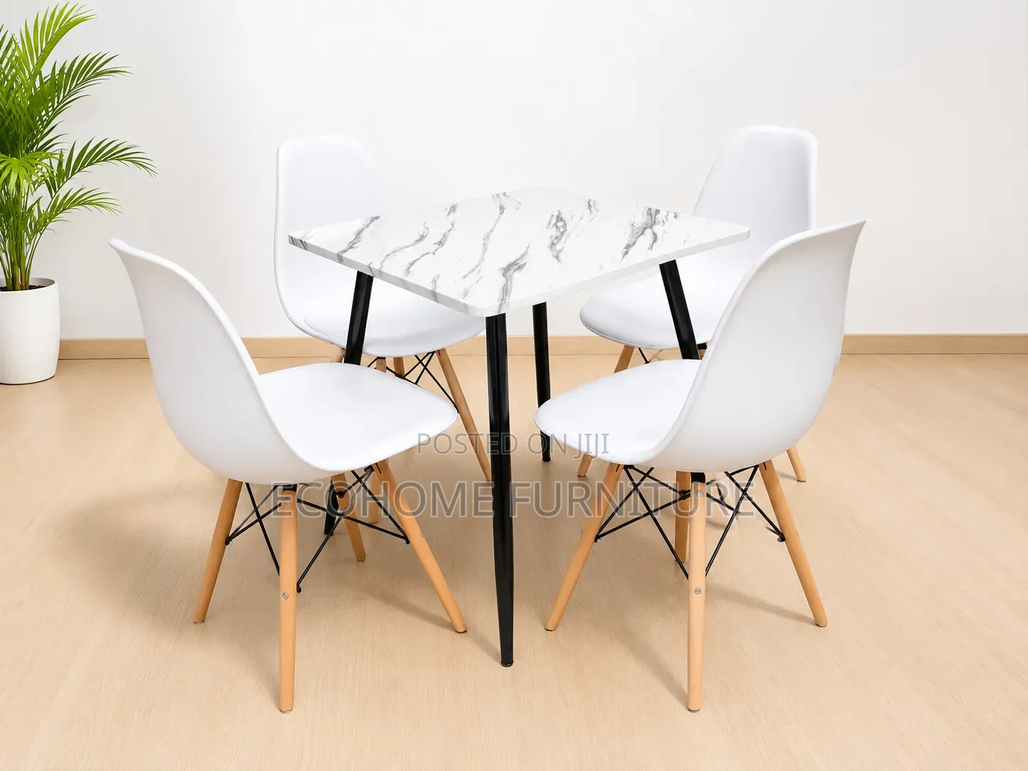 Modern 4-Seater Marble Dining Table Set With White Chairs