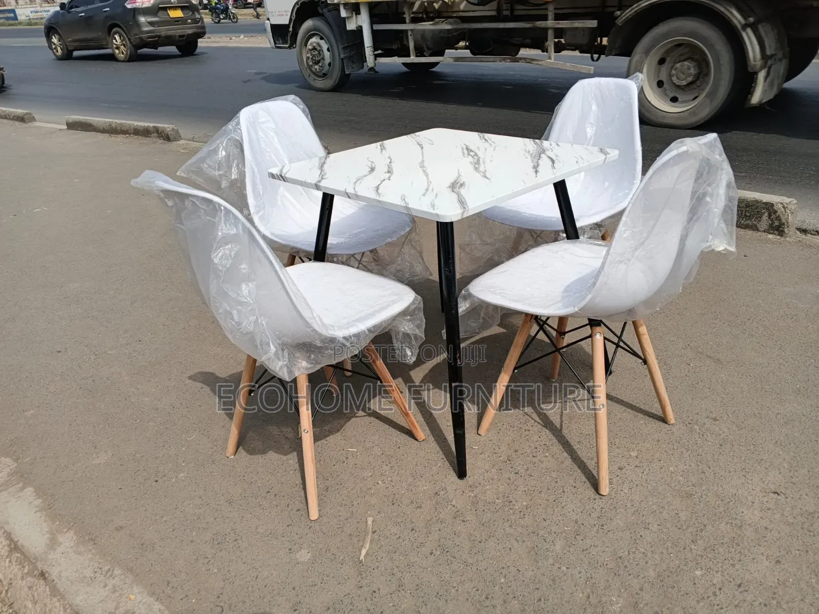 Modern 4-Seater Marble Dining Table Set With White Chairs