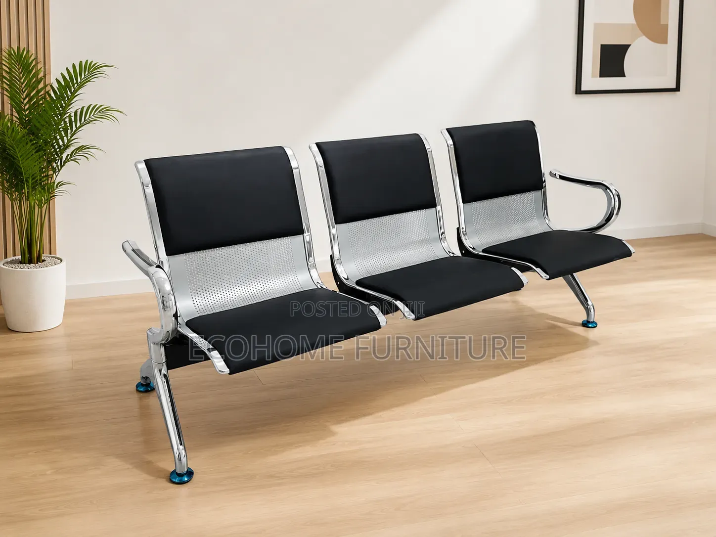3-Seater Airport Waiting Bench – Black Chrome