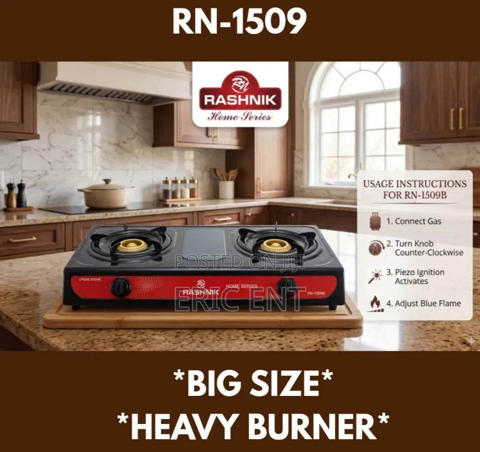 Rashnik Two Burners Gas Stove+ 13KG Regulator + Pipe + Tightener