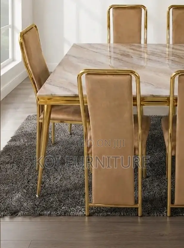 Dining Set; Six Seaters Modern Golden Colored Dining Set