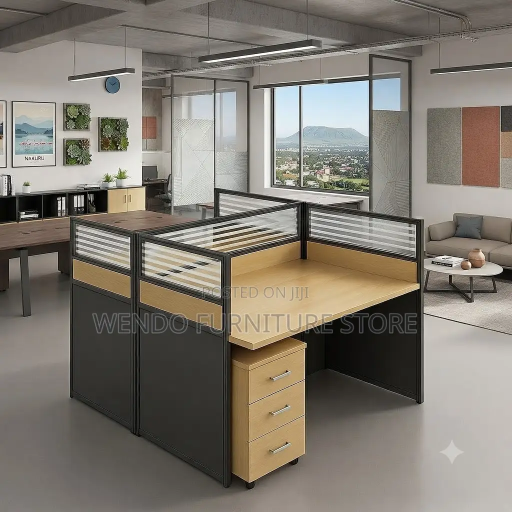 Office Workstation; Two Users Brown Privacy Partitioned Office Desk