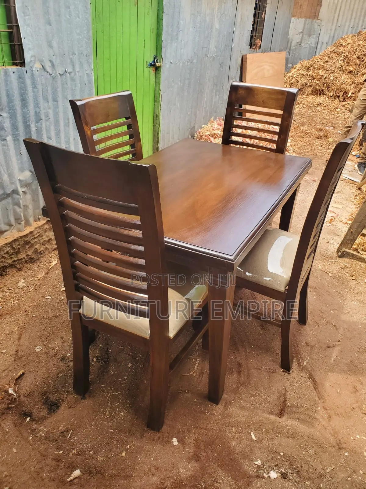 4-Seater Dining Set — Dark Wood Beige Elegance