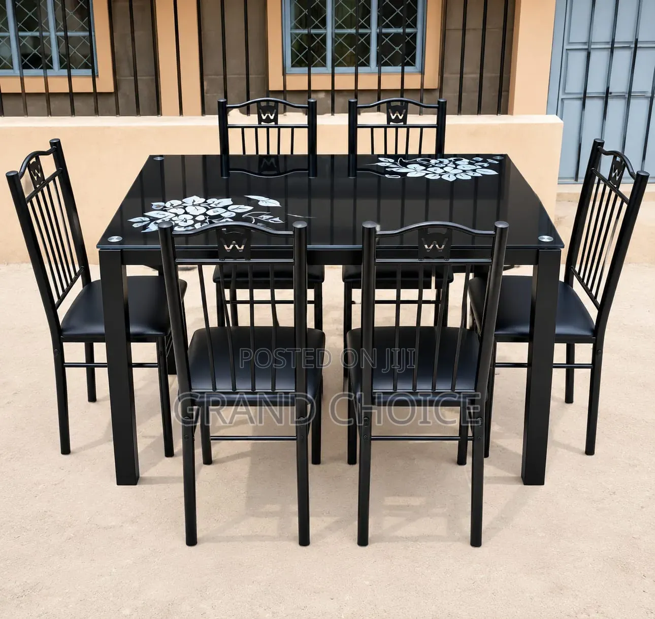Modern 6-Seater Black Glass Dining Table Set