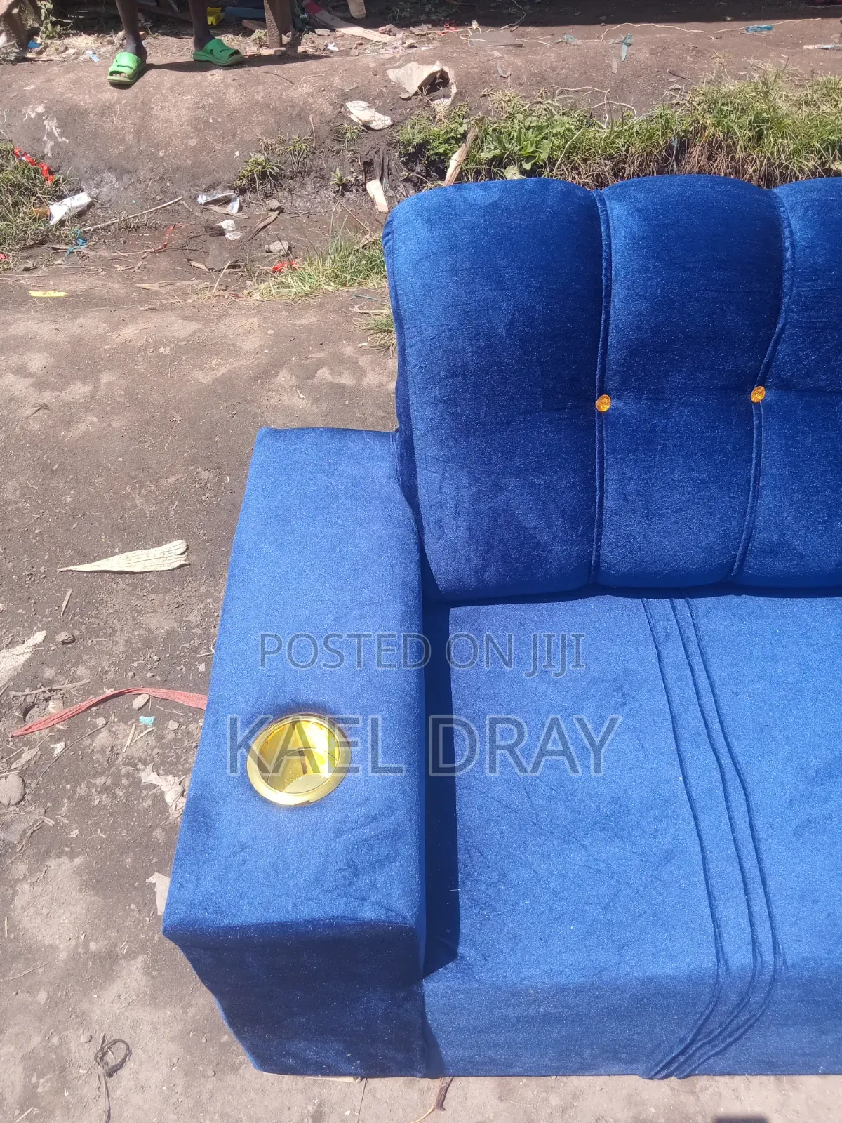 Royal Blue Tufted Sofa Set With Built-in Cup Holders