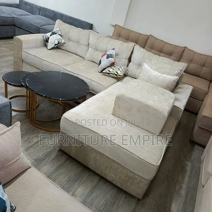 6-Seater L-Shaped Sofa — Beige Tufted Back With Footrest